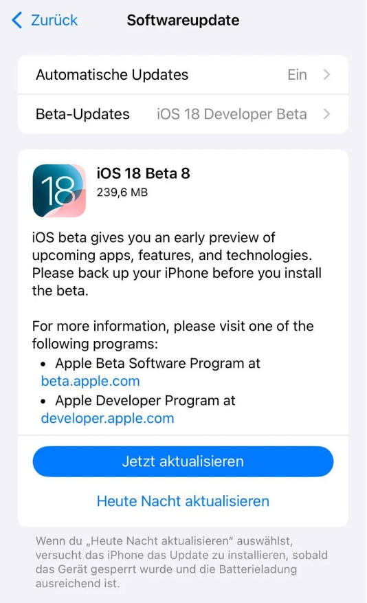 武义苹果手机维修分享苹果 iOS / iPadOS 18 开发者预览版 Beta 8 发布 